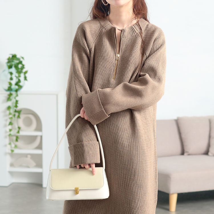 大きいサイズ レディース ハーフZIP畦編みニットワンピース bro-0082