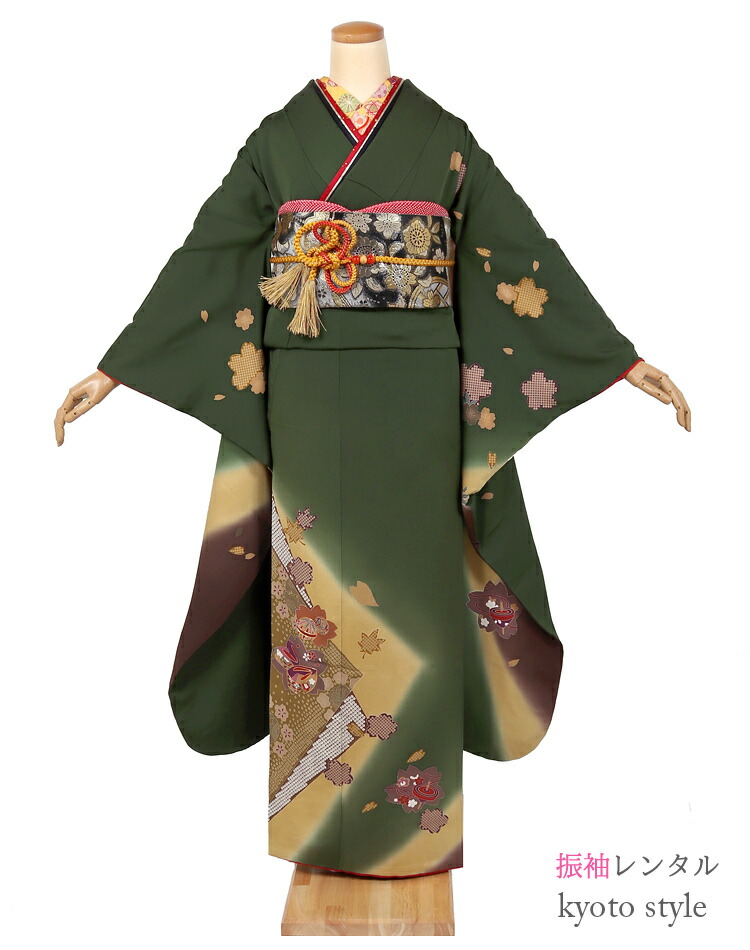 振袖 レンタル フルセット モスグリーン カーキ 柄少なめ シンプル