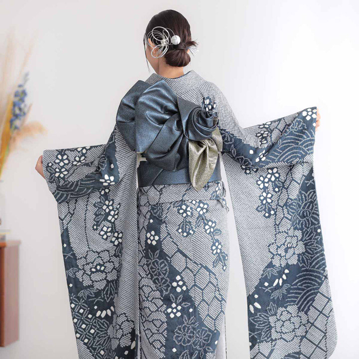 卒業式応援Point10倍 2/19迄)未仕立て 振袖 22点セット「総絞り 紺ねず