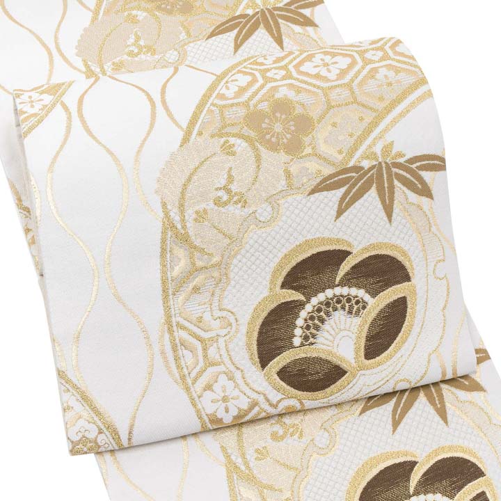 振袖 袋帯 単品「白地、金×茶 立涌と雪輪に松竹梅」日本製 お仕立て