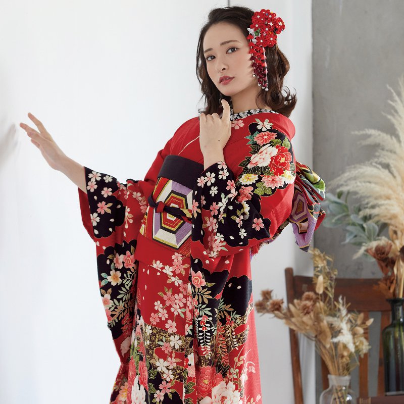 楽天市場】【成人式 振袖 レンタル】RS1457赤 牡丹に鴛鴦フルセット