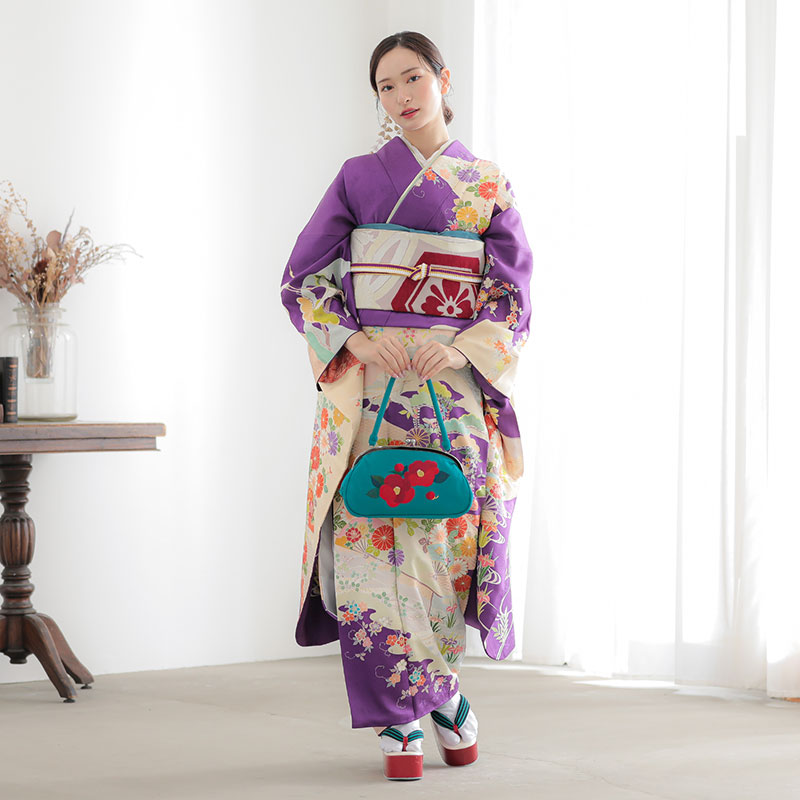 楽天市場】【成人式 振袖 レンタル】RS1738 正絹 紫 花に飛鶴と扇（絹