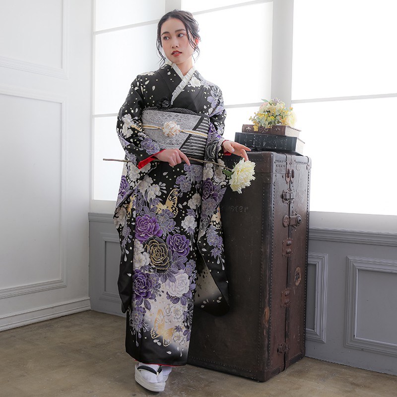 楽天市場】【振袖 レンタル】 結婚式 結納R1365 正絹 黒 枝垂桜に牡丹
