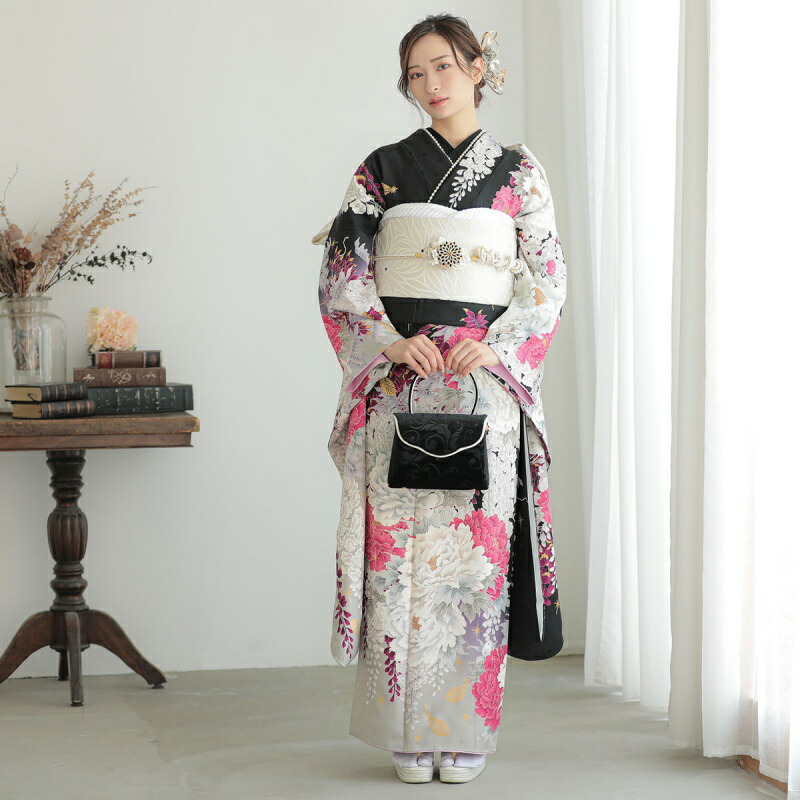 成人式 振袖フルセット 1131 正絹振袖 黒 花柄 格安！ 成人式 振袖フル