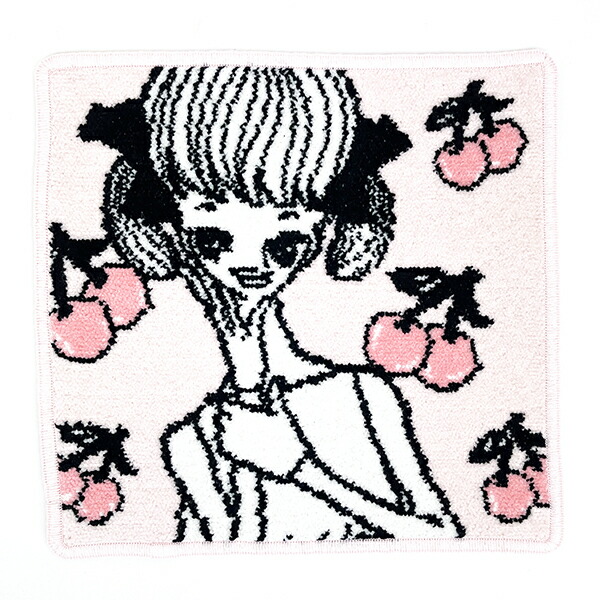 内藤ルネ タオルハンカチ チェリーと少女 ピンク PK シェニール織り