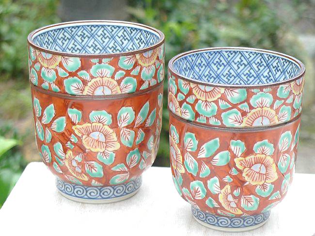 京焼清水焼一楽窯赤濃牡丹唐草夫婦湯呑み