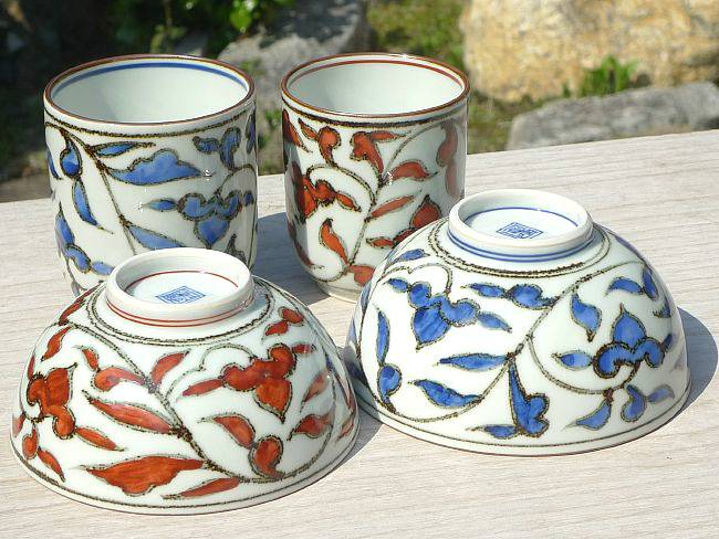 染赤唐草夫婦湯呑と夫婦茶碗セット 岩華 - 京焼清水焼 松韻堂