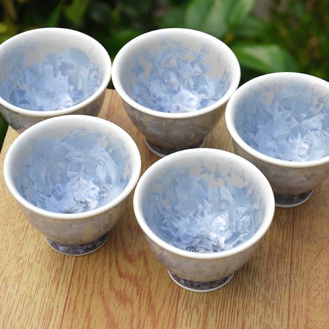 花結晶煎茶碗揃え 銀藤 陶あん - 京焼清水焼 松韻堂