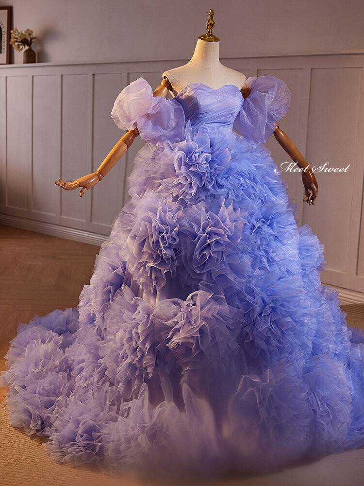 楽天市場】カラードレス プリンセスライン パープル 紫 フリル 袖付き