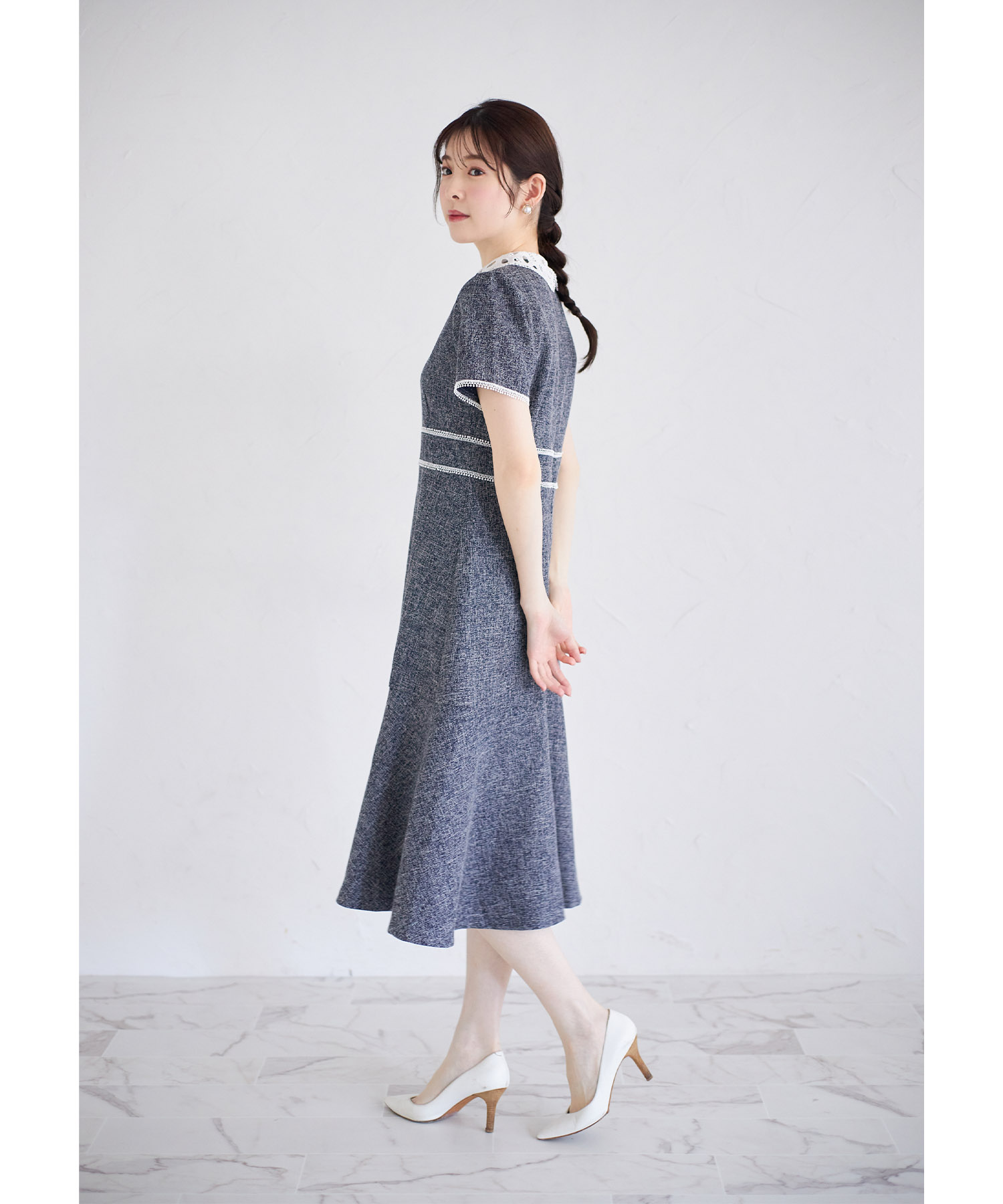 2WAYレース襟付き配色サマーツイードワンピース