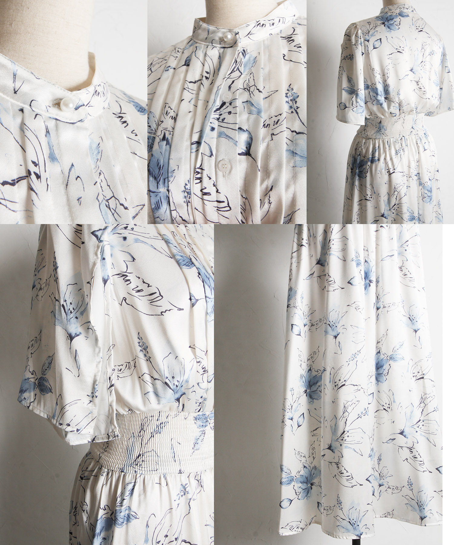 スリットスリーブ水彩ラインフラワープリントワンピース