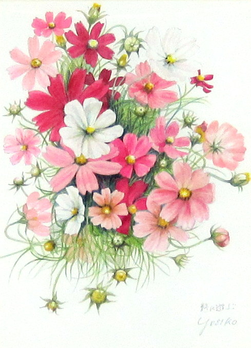 野に遊ぶ」（ピンクのコスモス）・志村好子・水彩画・4号