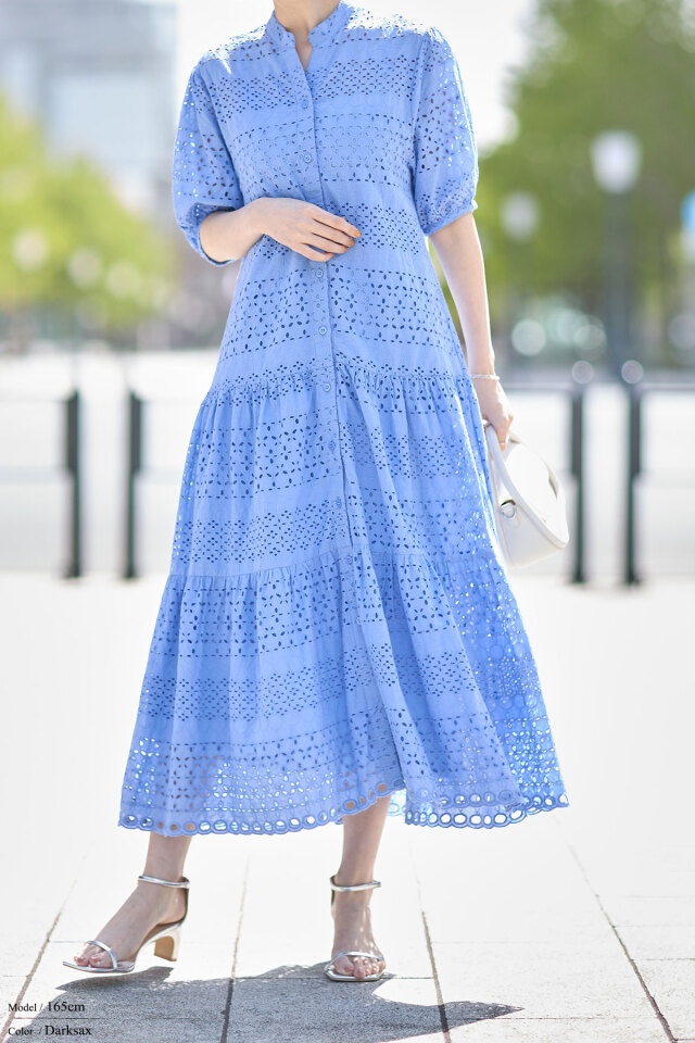 ペチコート付きコットンレースティアードシャツワンピース