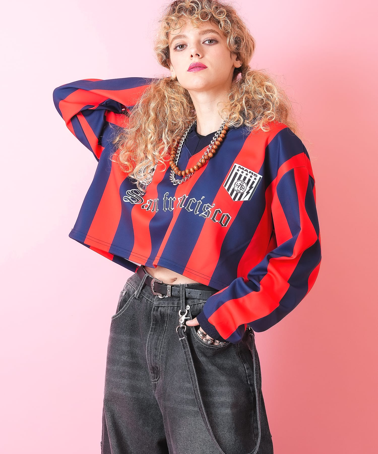 グラフィック＆ストライプ襟付きクロップドサッカーシャツ