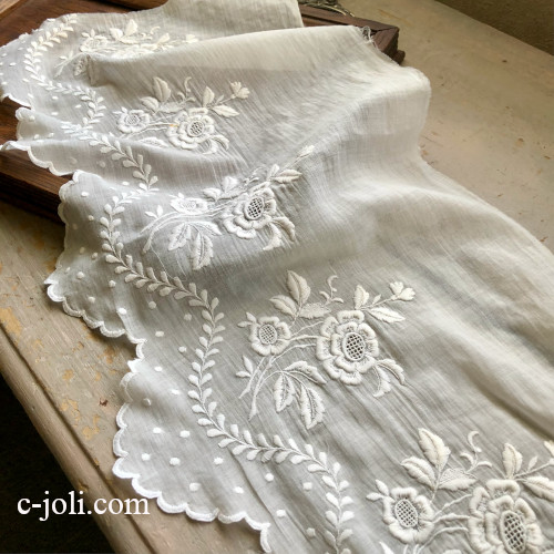 アンティーク フランス コーラルピンク オープンカットワーク＆白糸