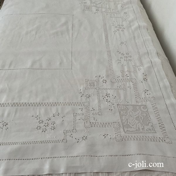 パリ発送】T3177 フランスアンティークリネン大判テーブルクロス