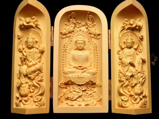 5A極上彫り 阿弥陀三尊像 高さ約100-105mm 仏像 観音開き 木彫り 坐像