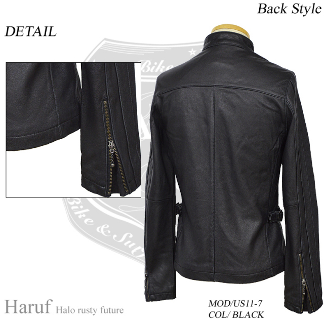 渋い光沢のブラックレザージャケット。製品洗いを施したビンテージ加工