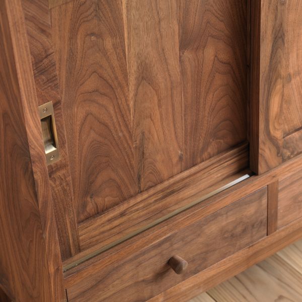 木製引き戸収納キャビネット 引き出し2つ 木製引き戸収納キャビネット