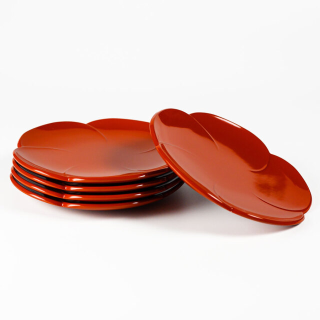 菊銘々皿 5.0 朱/溜 5枚セット 漆塗り FC29-7/8 漆器の井助