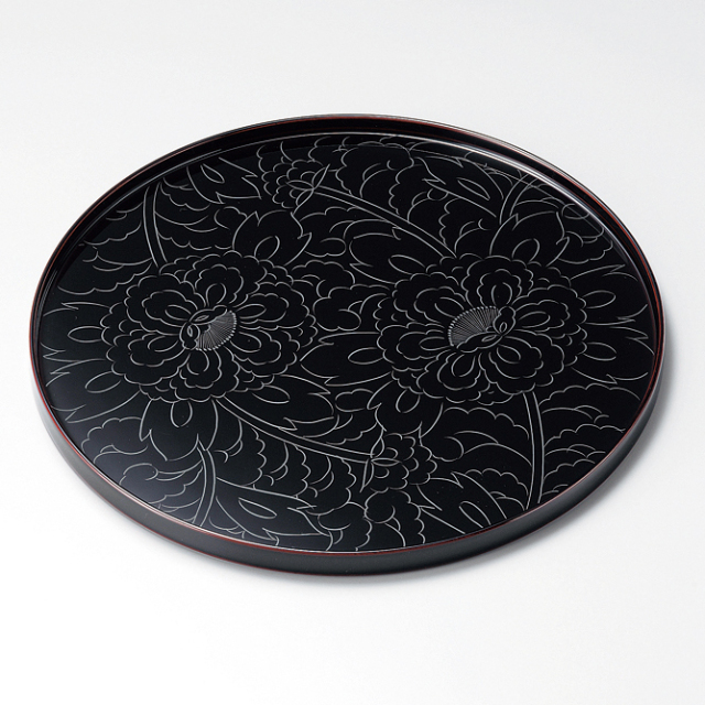 丸盆 10.0 沈金松 溜 木製 漆塗り トレー 12-10203 漆器の井助