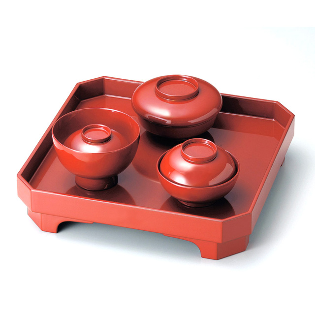 懐石道具 木製溜塗 金彩蒔絵 長方膳 5客組 会席膳 懐石盆 銘々盆 元箱