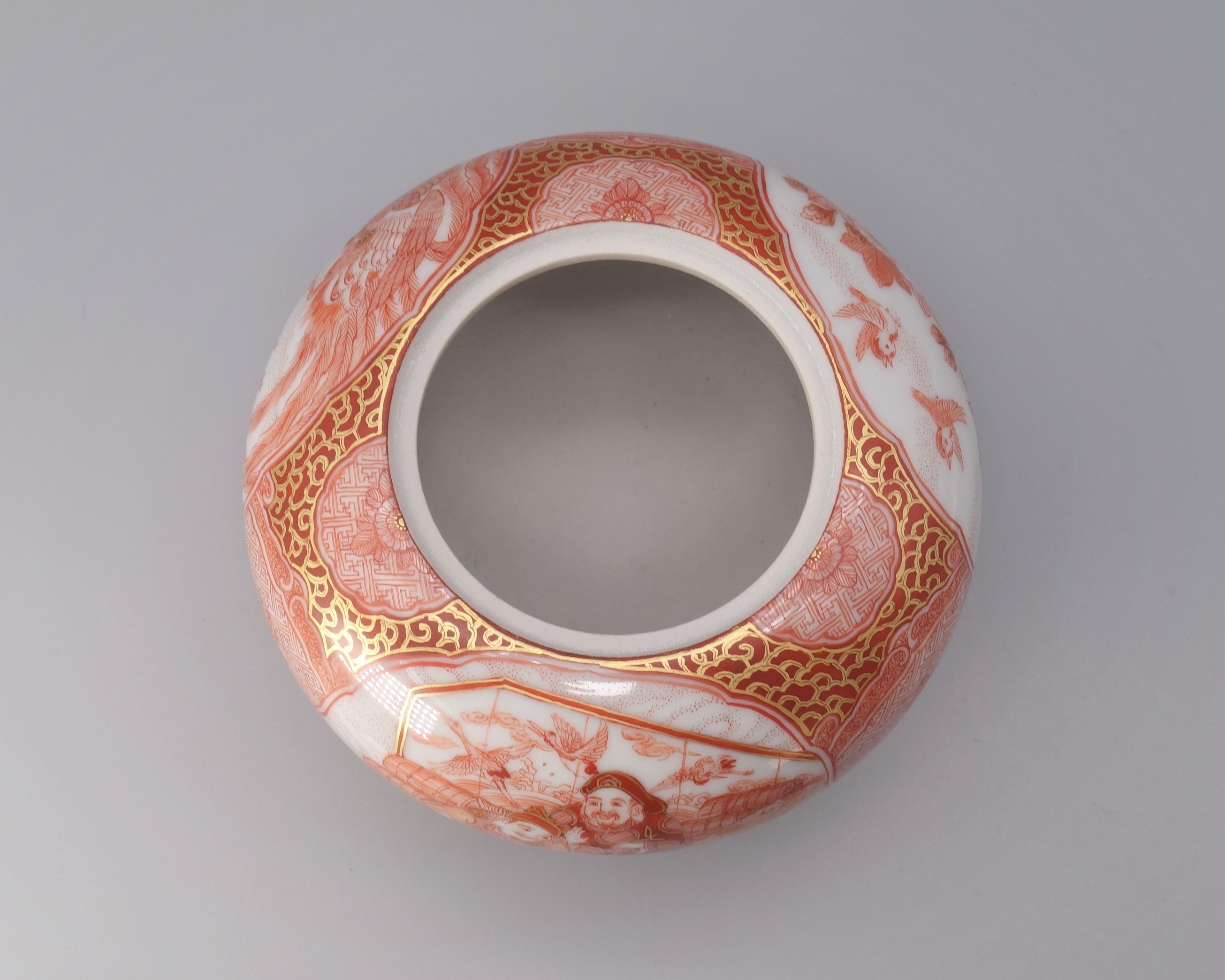 陶芸家福島武山九谷焼細密赤絵三つ足香炉香爐鳳凰菊大黒箱なし