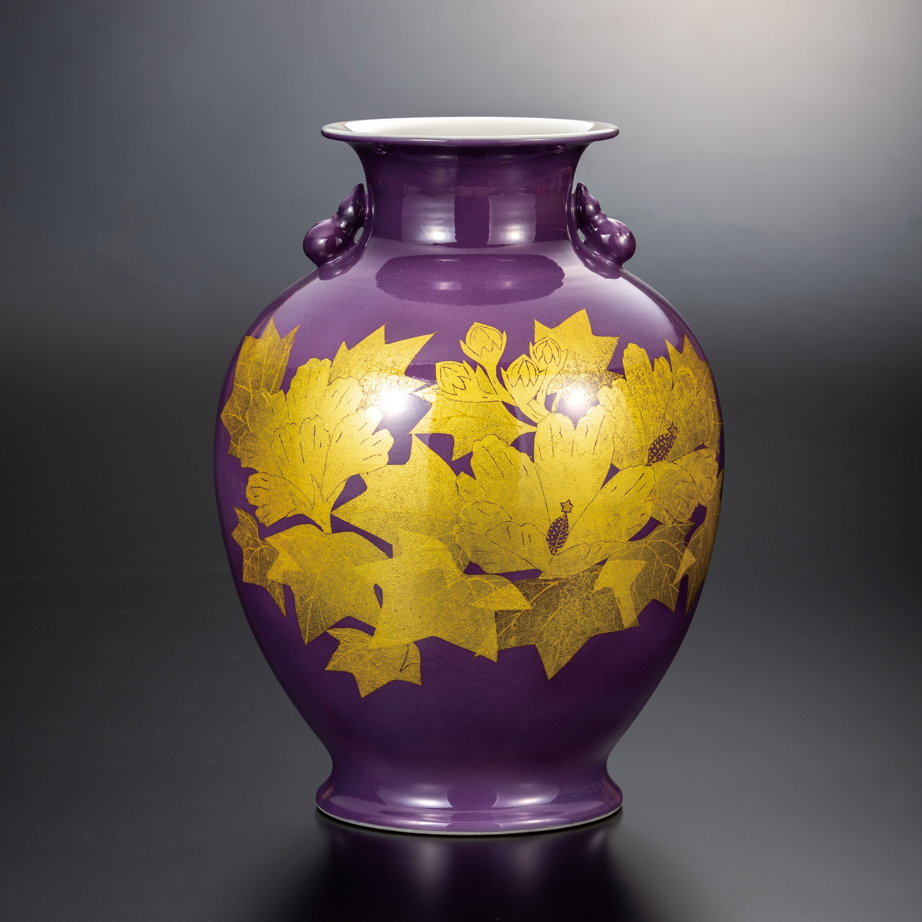 最上品 人間国宝 吉田美統 作 釉裏金彩 芙蓉文 花瓶 共桐箱