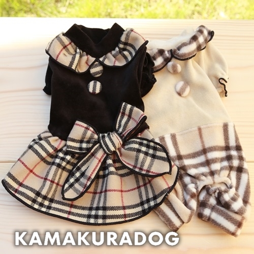 可愛い犬の服を格安通販鎌倉ドッグのベルボアチェックワンピース＆つなぎ