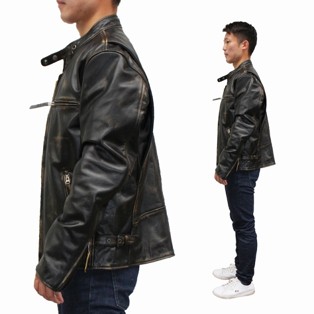 シングルライダースジャケット メンズ 革ジャン 水牛革 ダメージ