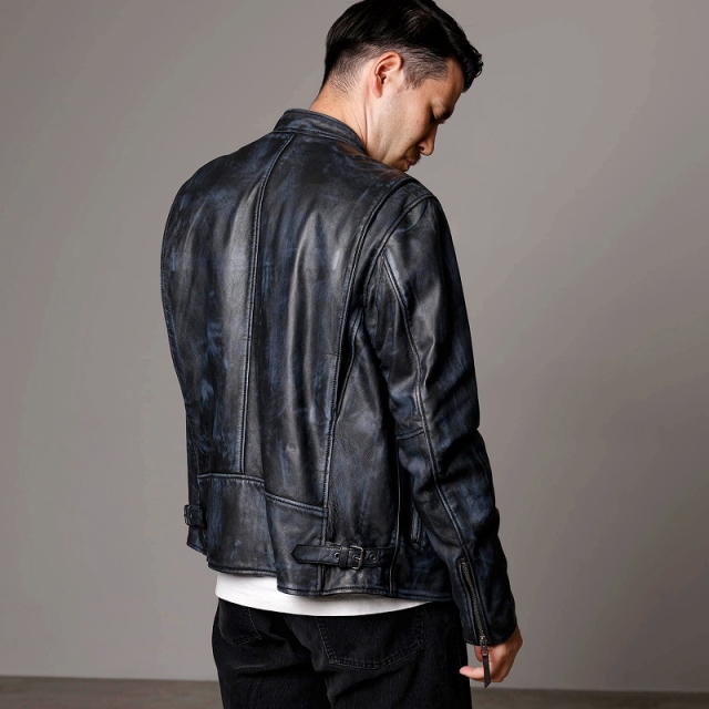 レザージャケット メンズ ダメージ風 ネイビー 紺色 本革 シングル