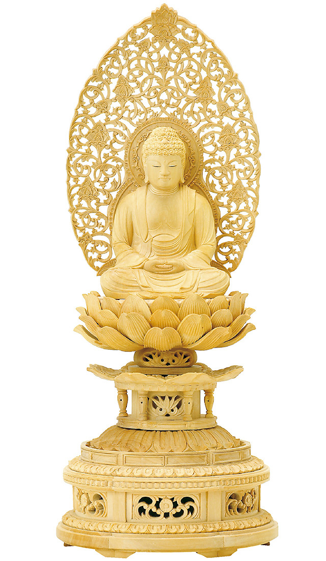 柘植 金剛蓮華台座 唐草光背 座釈迦 玉眼入 2.0寸～3.0寸 | 激安仏壇