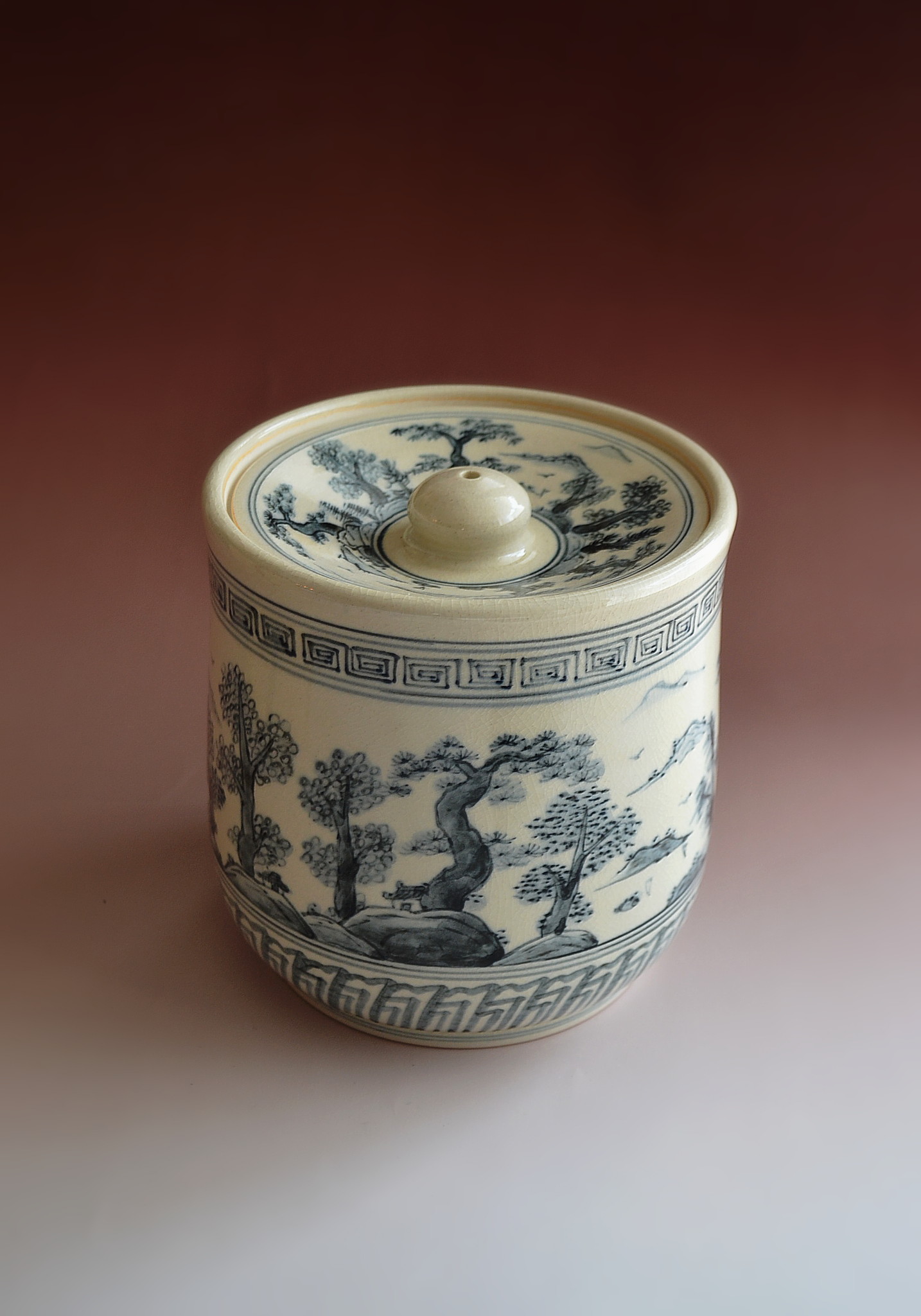 S358 水指 『染赤唐子紋』『渋草焼』『芳國造』 共箱 茶道具