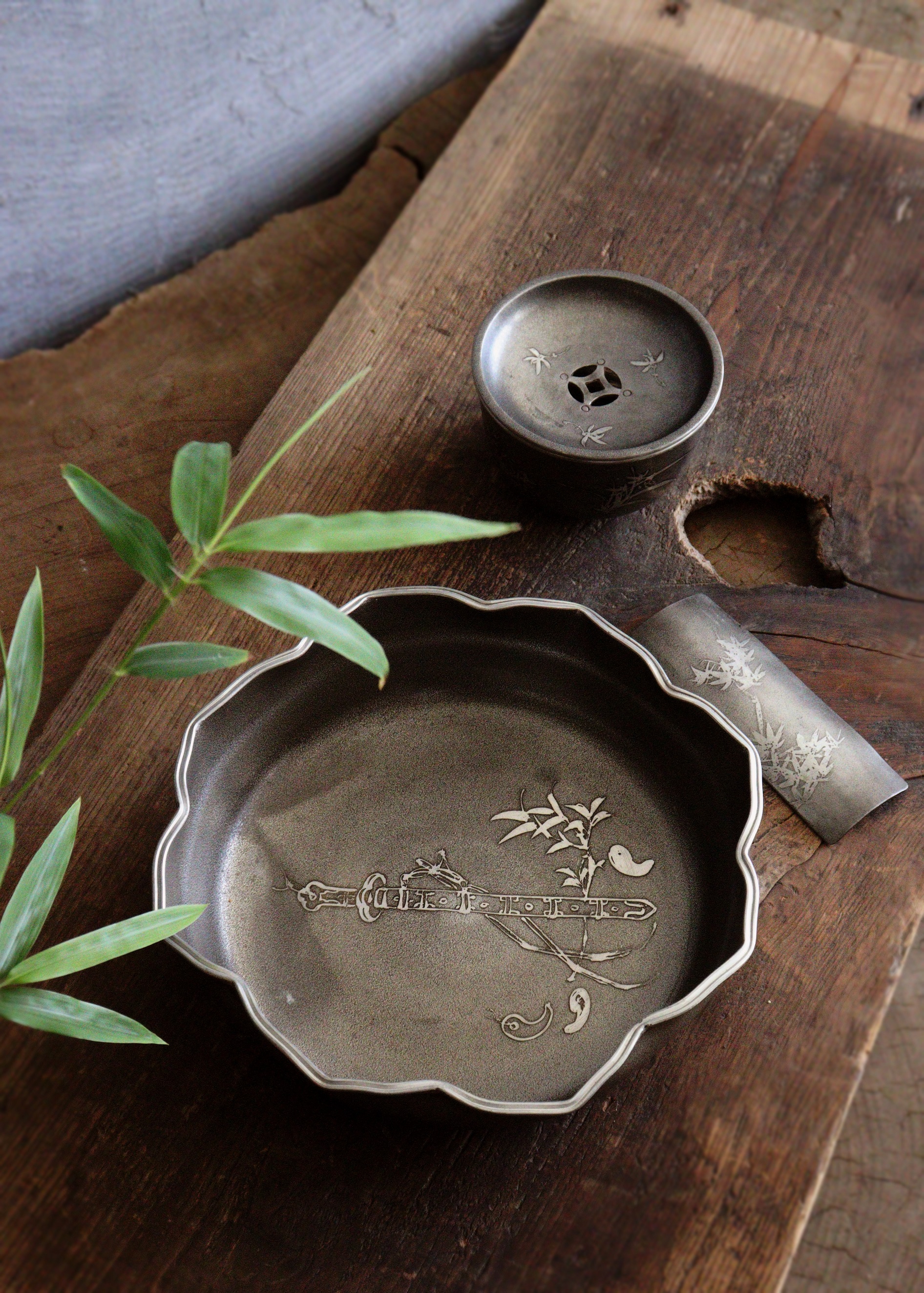 錫製茶器セット 菓子器 茶こぼし 茶則 間村自造 四君子 茶盤