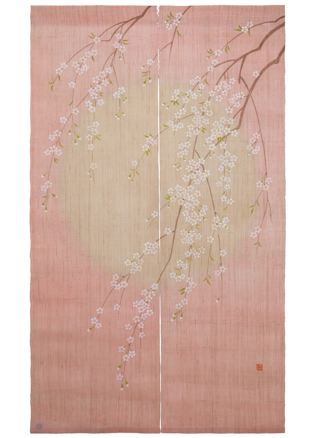 手描き麻暖簾【鳥と忍草】手染め のれん 巾81×144cm 一点物