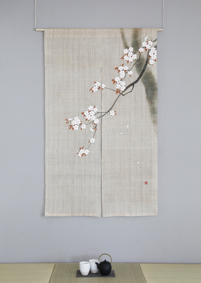 本麻のれん「墨描き桜」 [京都洛柿庵オンラインショップ]