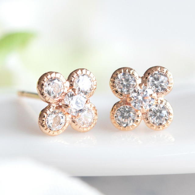 ピアス K10ピンクゴールド キュービックジルコニア フラワー(花