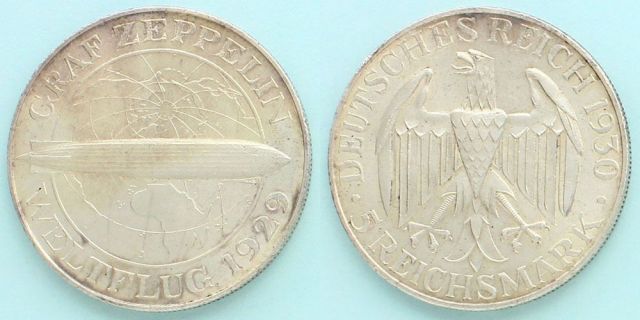 ドイツ 1930 5ライヒスマルク銀貨 グラーフ・ツェッペリン号世界一周記念