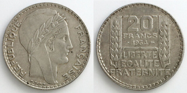 第三共和政フランス 1934 20フラン銀貨 マリアンヌ