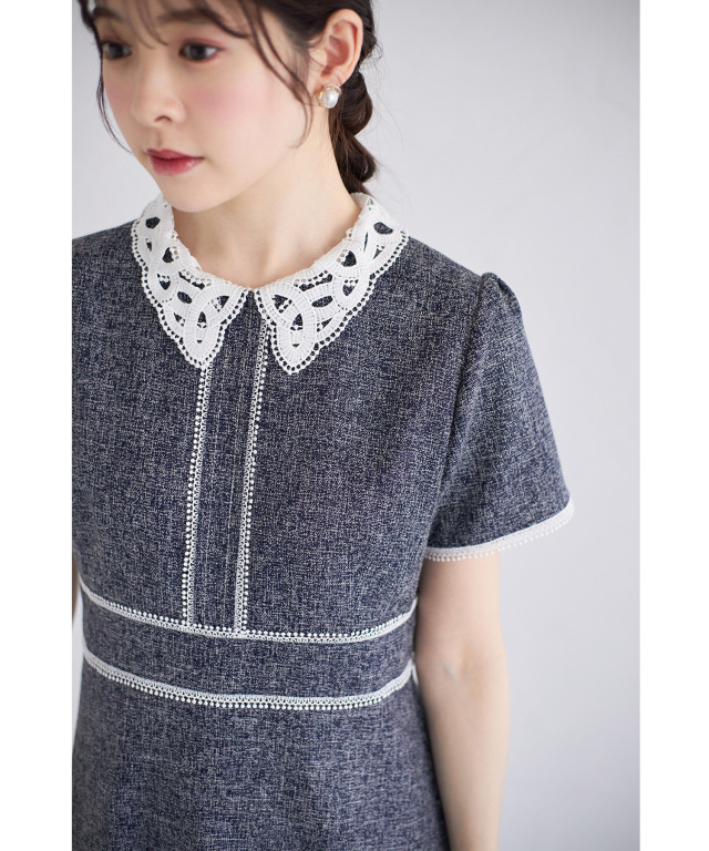 2WAYレース襟付き配色サマーツイードワンピース