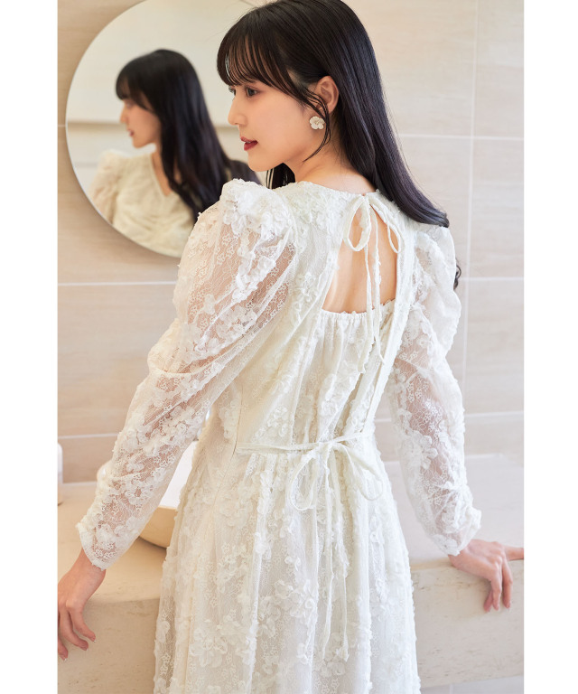 後ろリボン付きパワーショルダーフラワーチュールレースワンピース