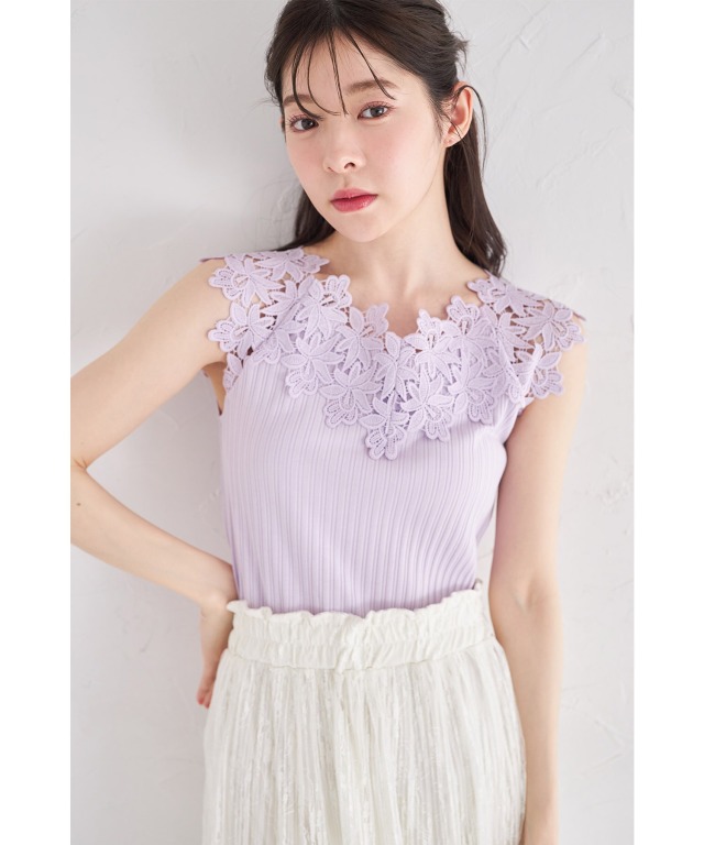 フラワーレース装飾リブカットソープルオーバー