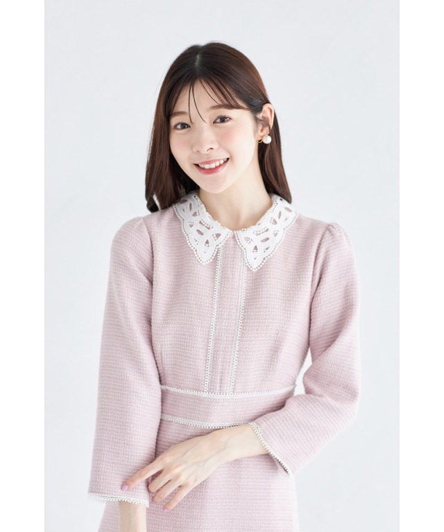 2WAYレース襟付きラインレース×ツイードワンピース