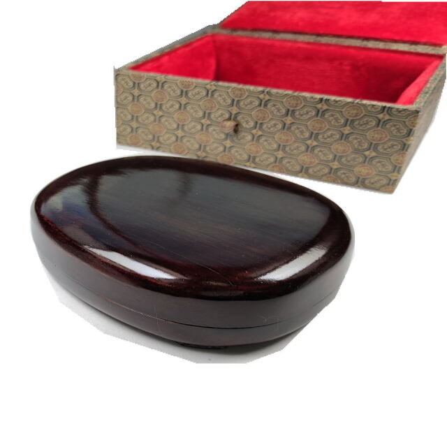 端渓・葉脈文天成硯】◇金線・冰紋の紫黒美石◇唐木共箱◇約5.2吋◇老