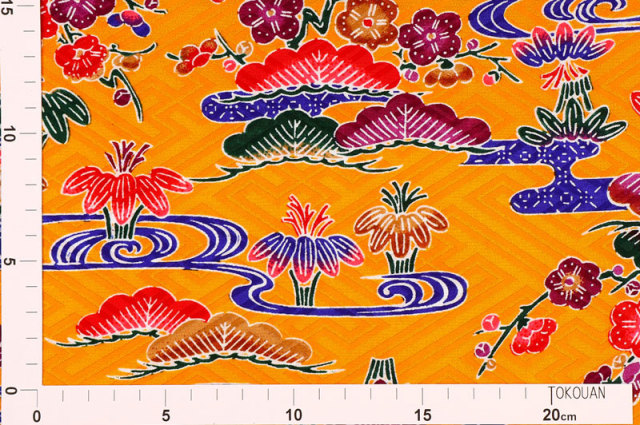 紅型（びんがた） 流水に松竹梅（山吹）柄の和柄生地通販なら都香庵