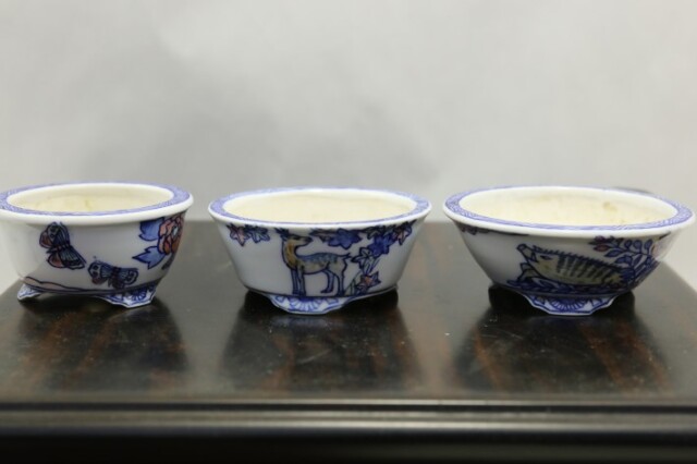 雄山（染付花札図丸）三つ一組 高級盆栽鉢 A3657☆陶器鉢 ミニ盆栽