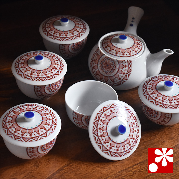 九谷焼 急須 蓋付茶器5客セット 赤絵丸紋【アウトレット】 九谷焼専門