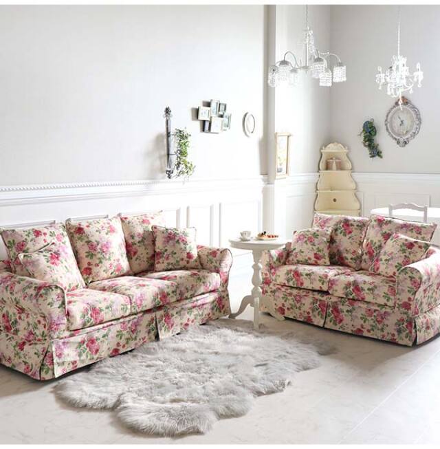輸入家具 二人掛け ソファ カバーリングソファ 洗える ローズ バラ柄