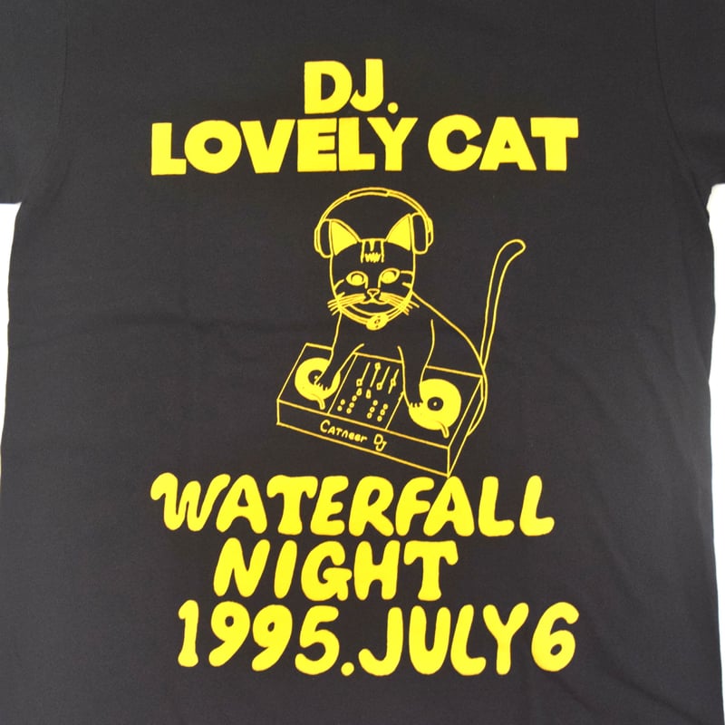 DJ猫」レコードワッペン猫ツアーTシャツ ブラック S/M/L WATERFALL