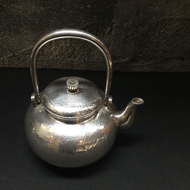 Japan Vintage 山口金匠堂 丹金 精銀 純銀 376g 槌目 湯沸 銀瓶 煎茶 望